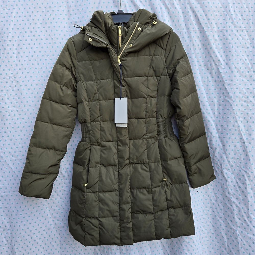 COLE HAAN SIGNATURE NWT $300 HOODED BIB INSET DOWN PUFFER GREEN JACKET. SIZE XS